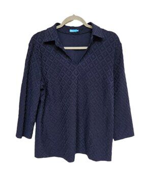 J. Mclaughlin Polo Top 3/4 Sleeve Textured Geometric Navy XL